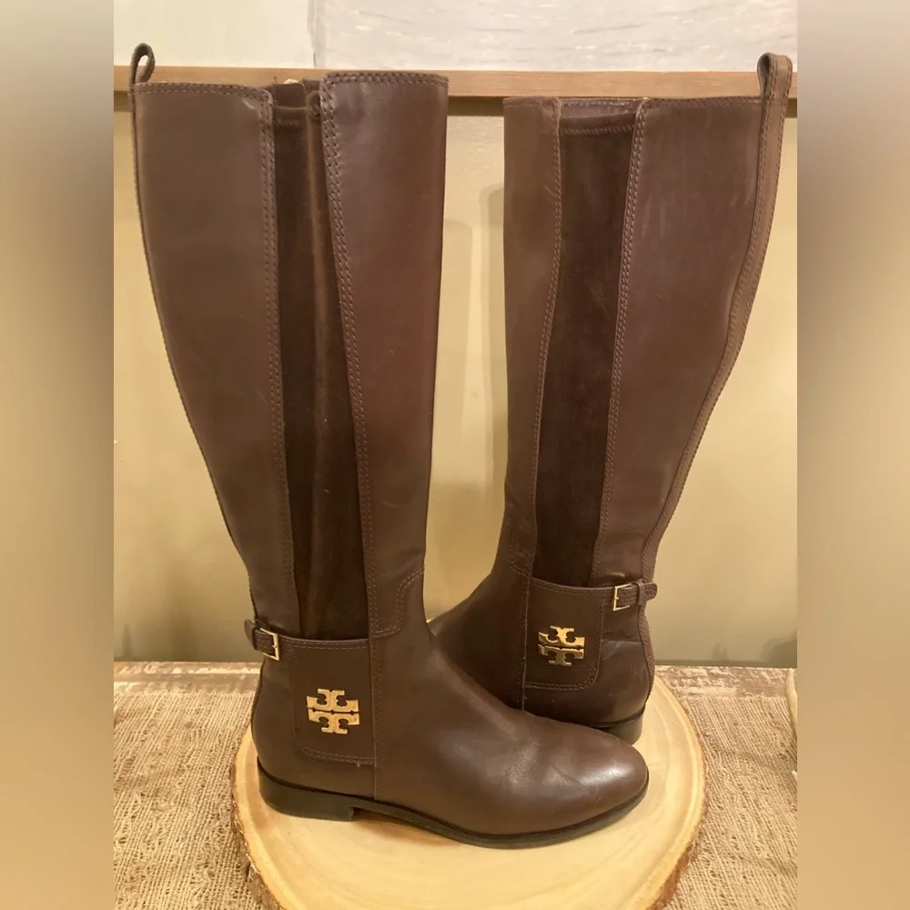 Tory Burch Wyatt Over Knee Brown‎ Leather Boots Zip Up Size-7.5